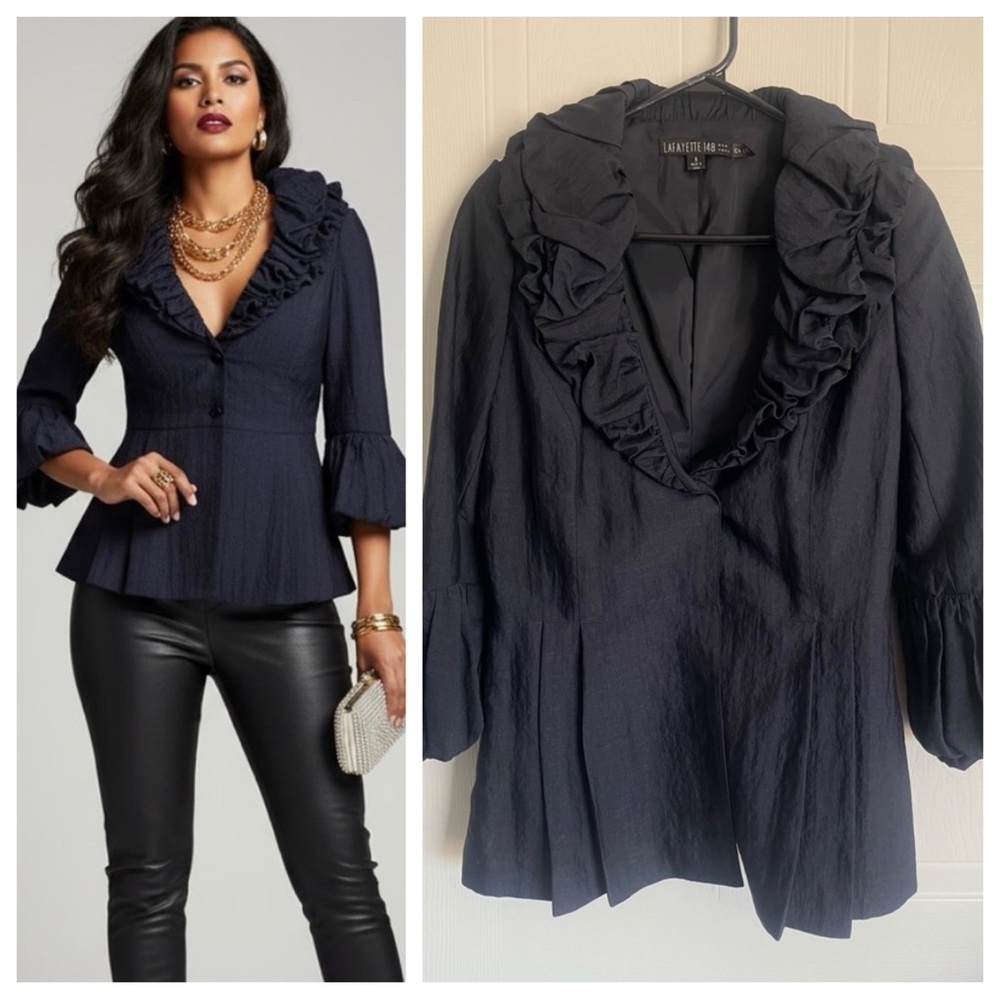 Quiet Luxury Silk Blend Jacket Ruched Ruffle Collar Peplum